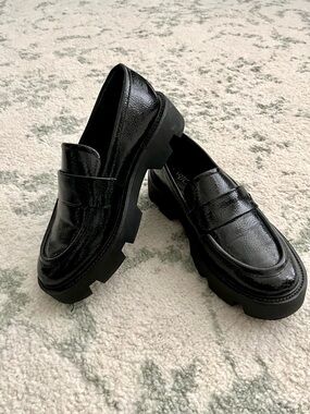 Franco Sarto Chunky Black Patent Leather Platform Penny Loafers